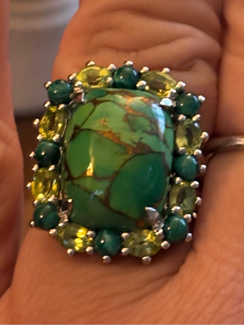Green Turquoise and Peridot Style Cluster Ring